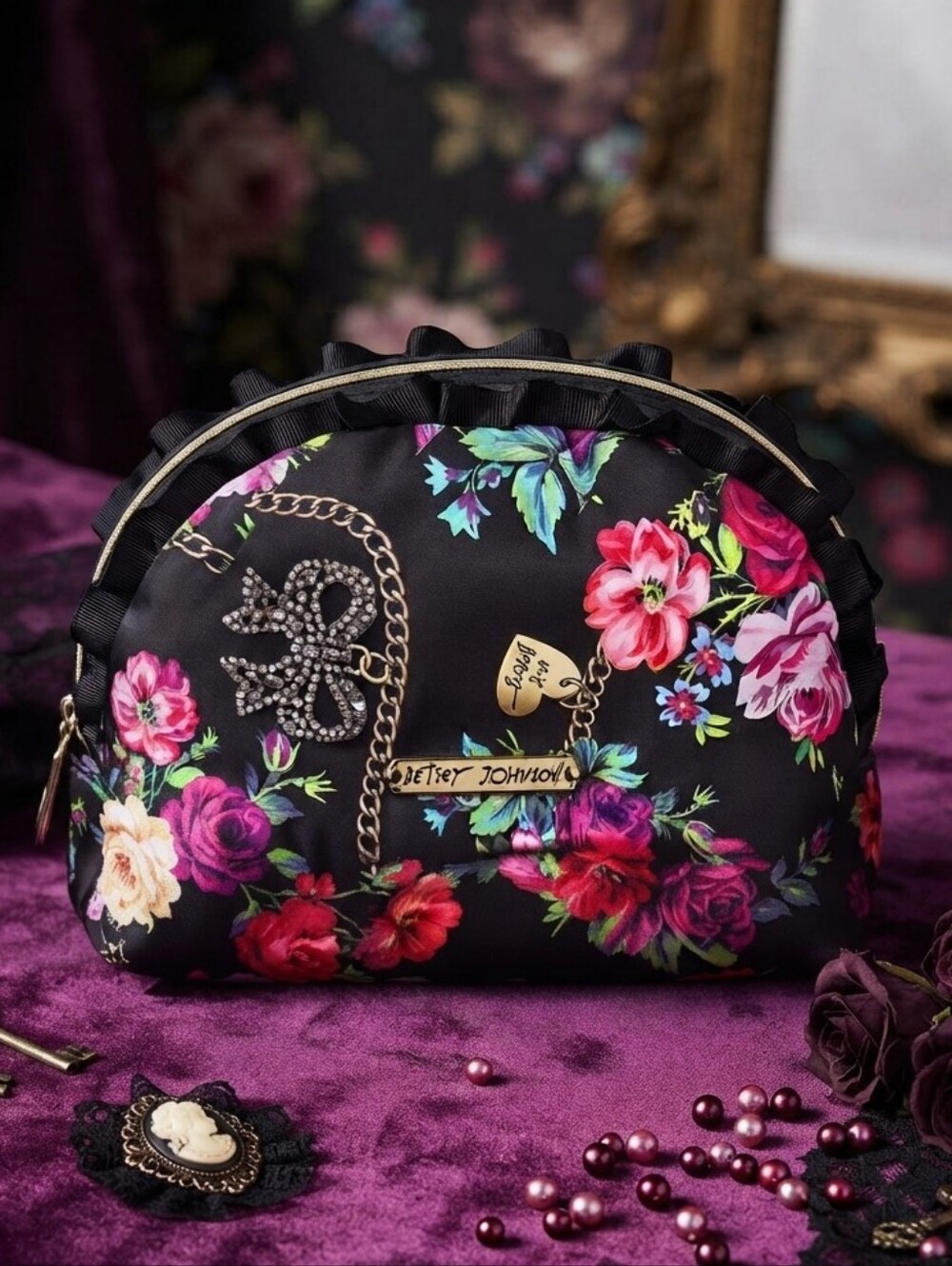 Vintage Betsey Johnson Ruffle Cosmetic Bag Roses, Floral, Chains Bows